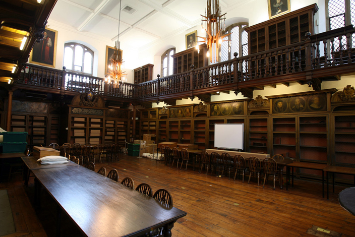 Cosin's seventeenth century library. The portraits above the bookcases provided an easy way to organise the collection. The works of an author would be on the shelves underneath his portrait. This photo has been taken during a period of extensive conservation work, hence the absence of books on the shelves.